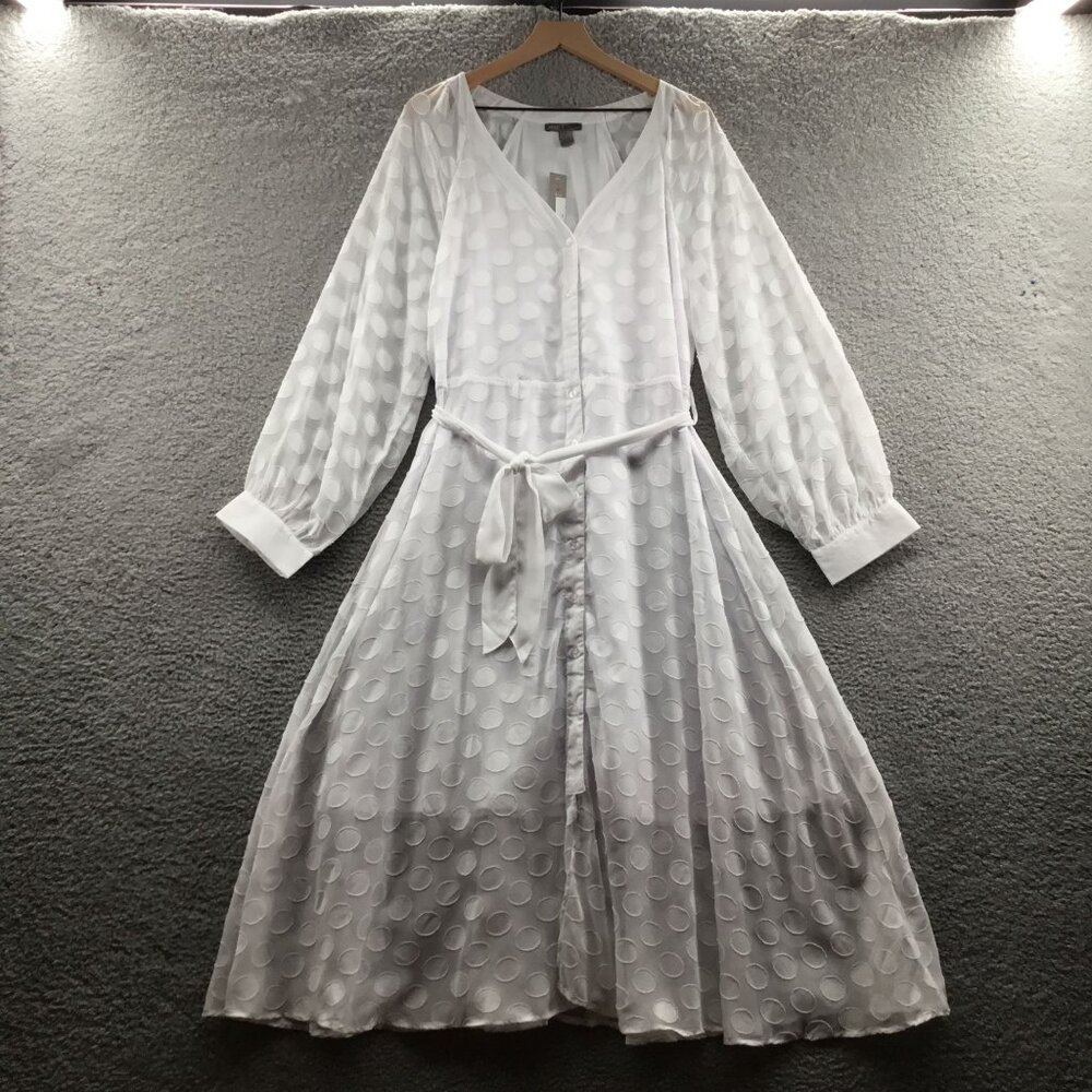 Love By‎ Design Belted Button Front Chiffon Midi Dress White 1X